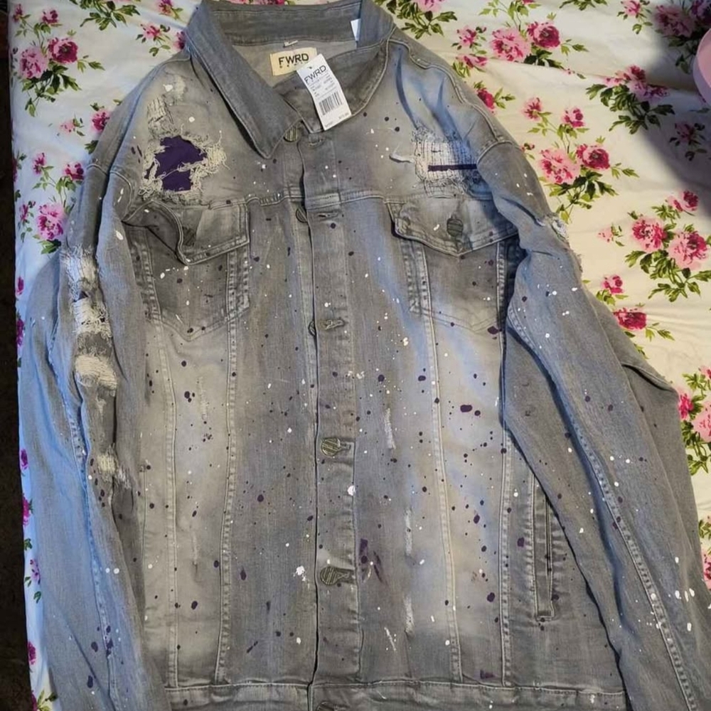 FWRD Distressed Gray Denim Jacket with Paint Splatter